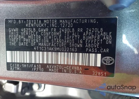 2021 Toyota Camry Le Hybrid z USA, uszkodzony, nr VIN 4T1C31AK9MU022163